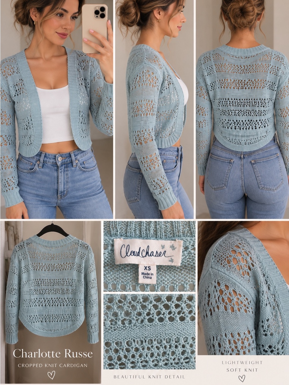 Charlotte Russe Light Blue Cropped Openwork Knit Cardigan